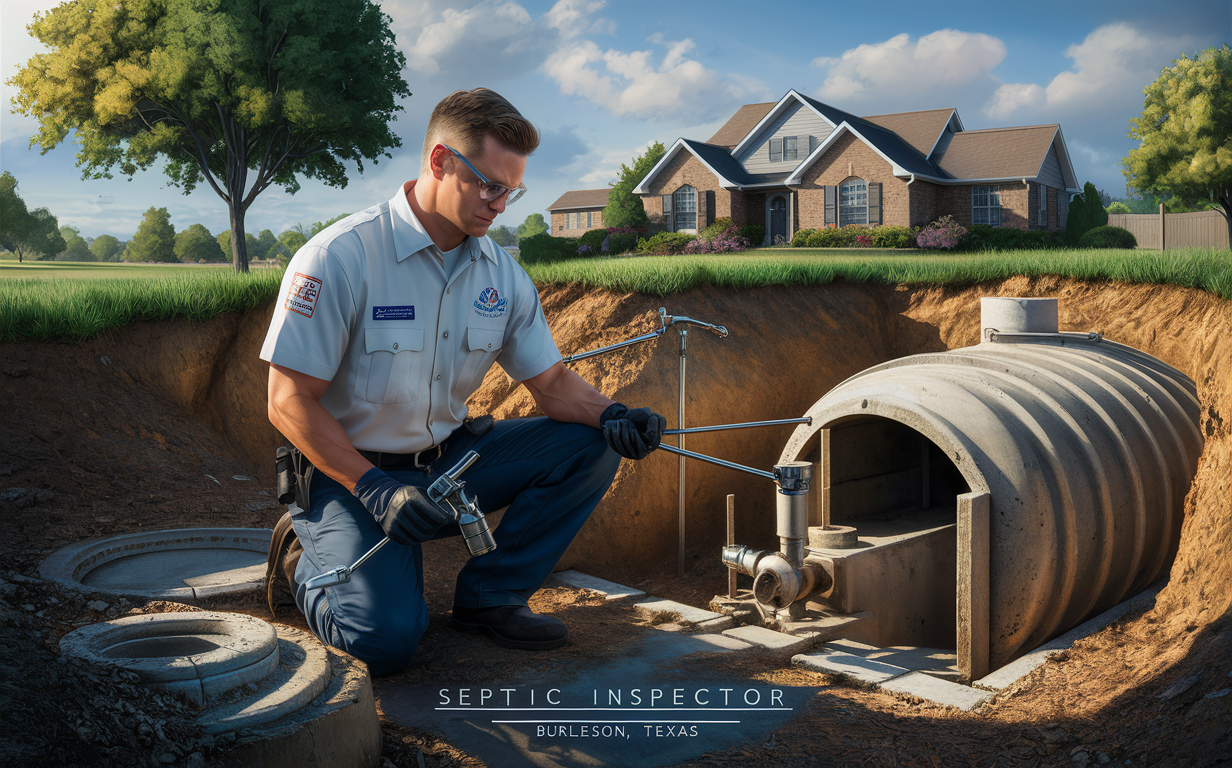 A technician in uniform inspecting and servicing a septic tank system in a grassy area in Burleson, Texas