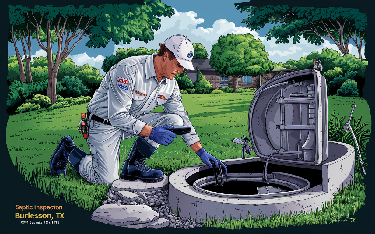 A technician in uniform inspecting a septic system with specialized equipment in the backyard of a residential home in Burleson, Texas.