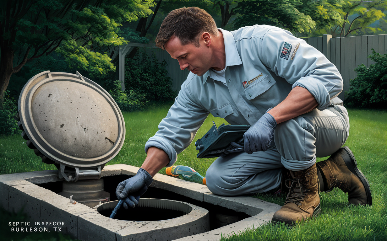 An illustration depicting a septic system inspection service in Burleson, TX, showing a worker in uniform inspecting an underground septic tank using specialized equipment, with company branding and service van visible.