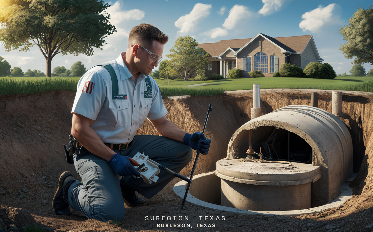 An illustration of a septic system inspector in uniform examining an open septic tank in a lush green field setting in Burleson, Texas