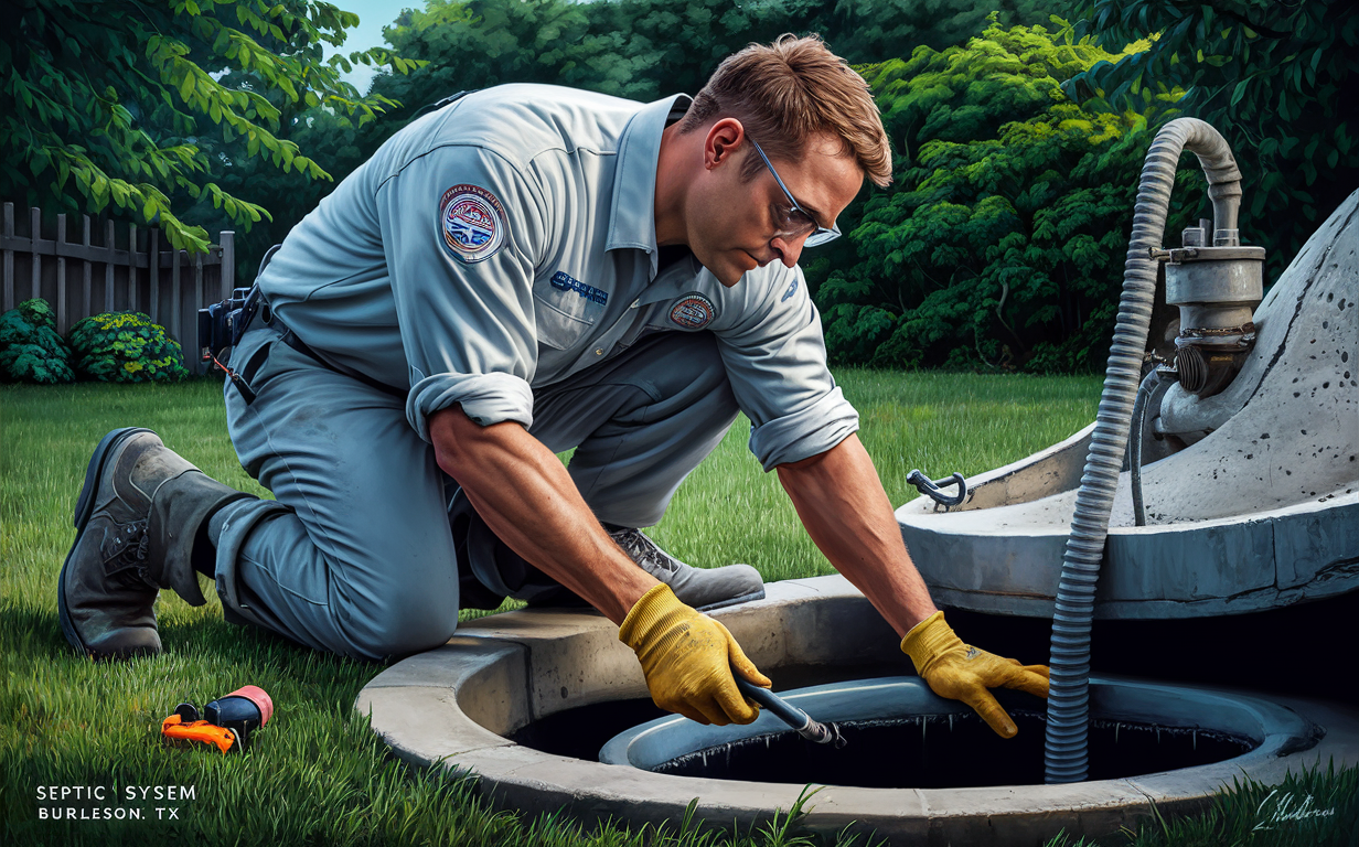 A technician from Skpecton Septem Inspeties in Burleson, Texas, inspecting a residential septic system with specialized equipment in a well-maintained yard.