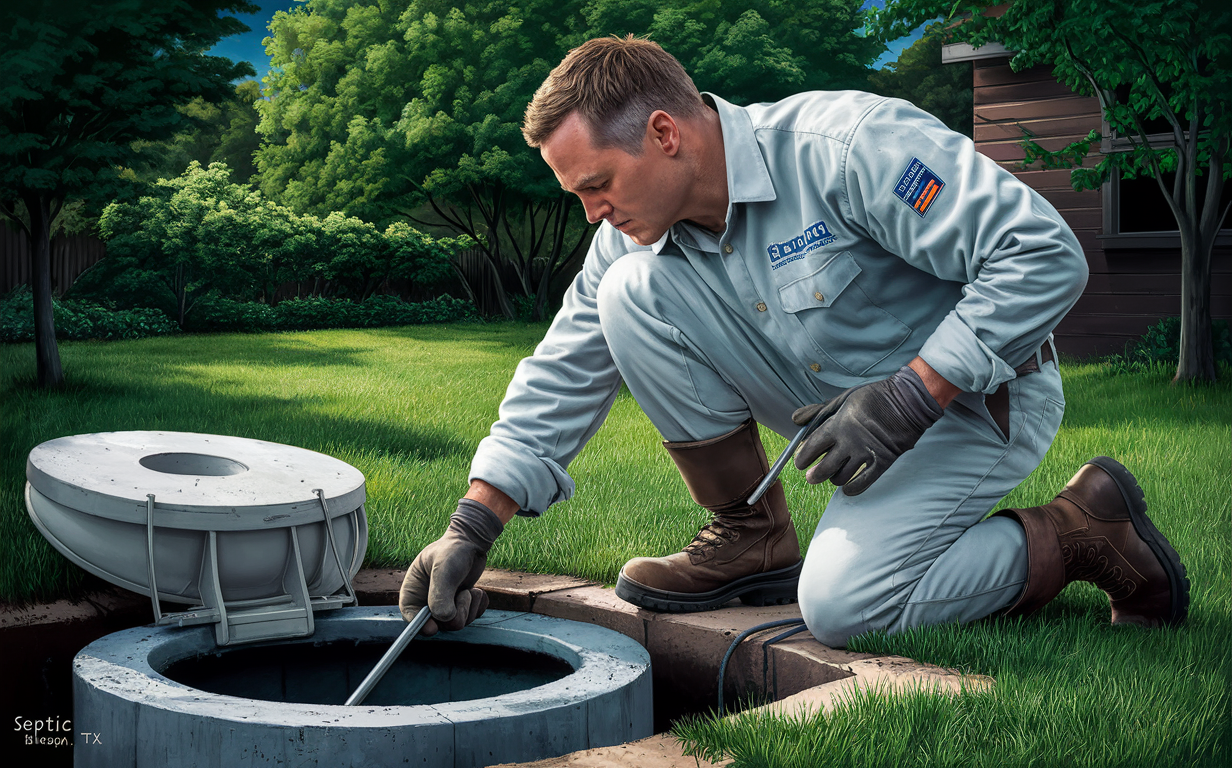 A technician from a septic inspection and services company in Burleson, Texas, is performing an inspection on a residential septic system, carefully examining the septic tank opening with specialized tools while wearing protective gear.