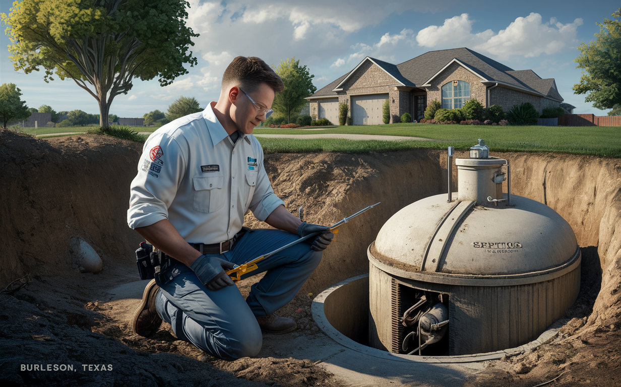A technician in uniform inspecting and servicing a residential septic system in a lush green backyard in Burleson, Texas