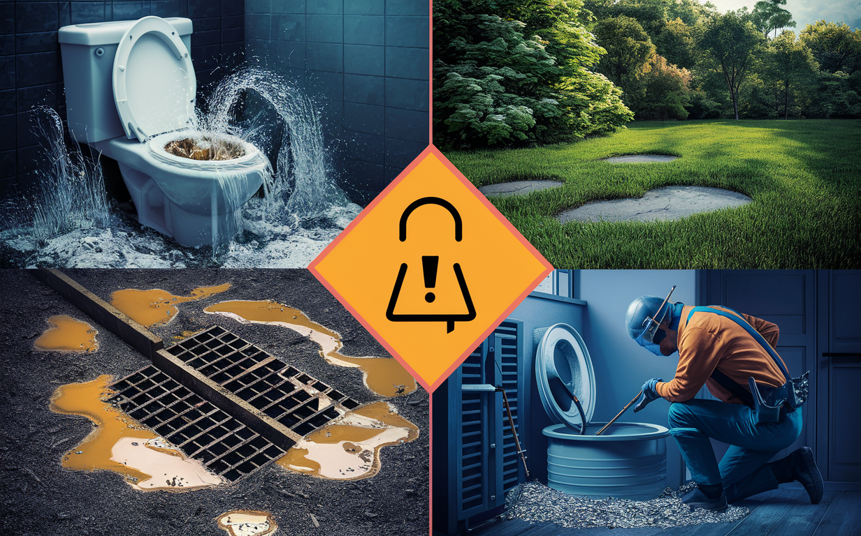 Images depicting signs that septic tank pumping is needed, including an overflowing toilet, clogged drain, warning sign, and technician servicing a septic tank, contrasted with a serene park scene