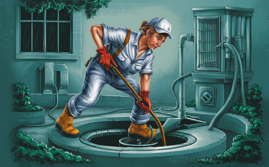 An illustration of a worker in overalls and hard hat pumping out a residential septic tank system using a large hose, with a brick building and landscaping in the background. - Commercial septic system pumping