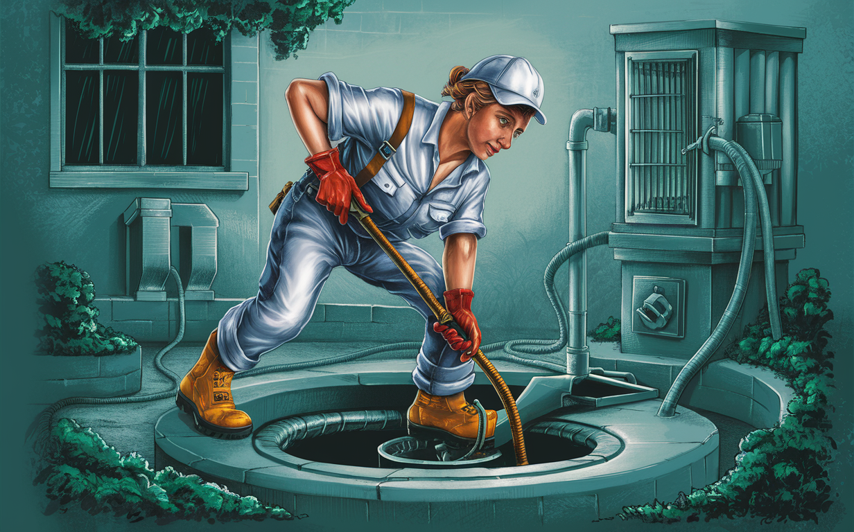 A worker wearing protective gear pumping out a residential septic tank system
