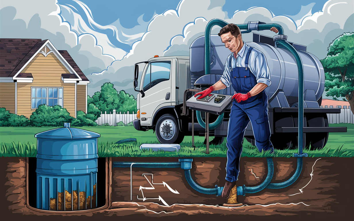 A professional worker operating a septic tank pumping truck to service a residential septic system, ensuring proper maintenance and efficient operation of the system.
