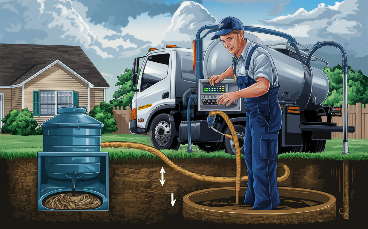 A service technician in uniform pumping out a residential septic tank using a large vacuum truck, ensuring proper maintenance and efficient functioning of the septic system.