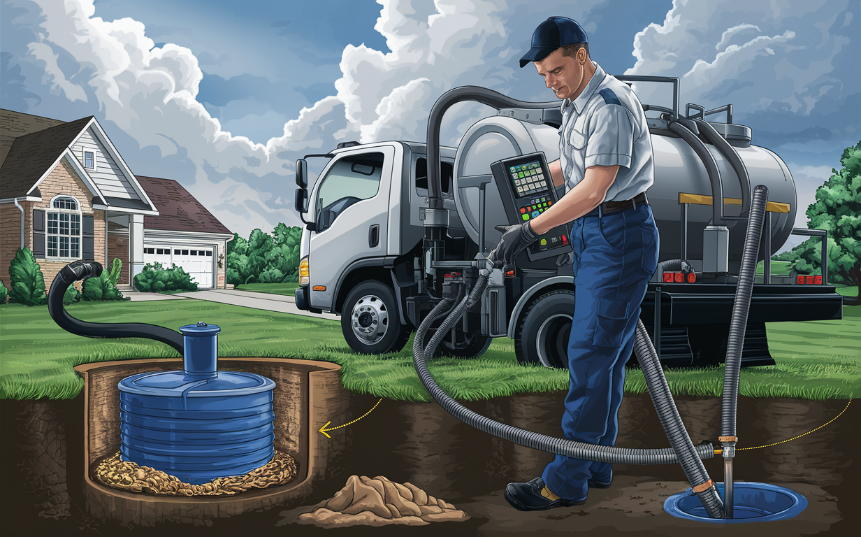 An illustration showing a septic tank service worker operating a tanker truck to pump out a residential septic system, with a suburban house in the background.