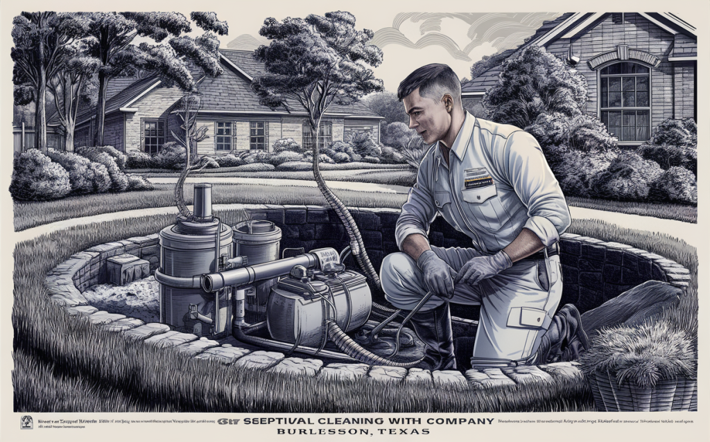 A detailed illustration of a septic tank maintenance professional working on a residential septic system, with a suburban home in the background.