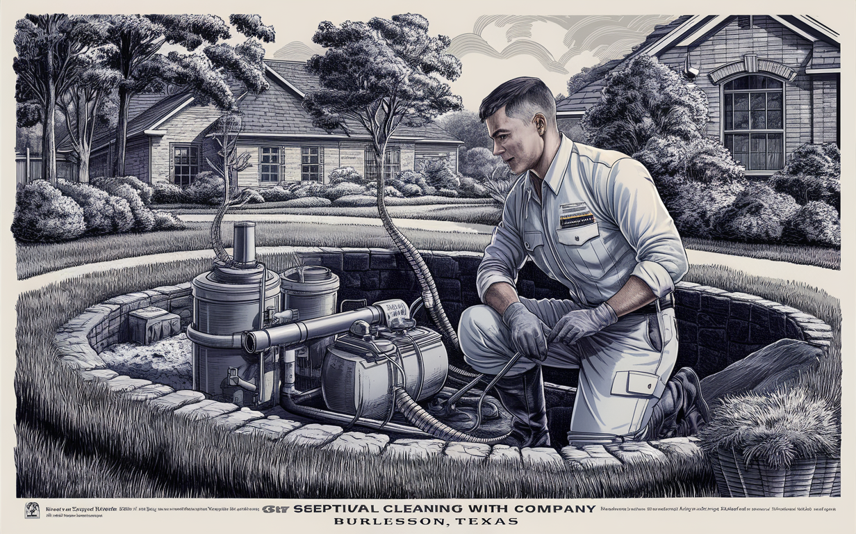 A detailed illustration of a septic technician performing maintenance on a residential septic system, surrounded by a well-kept suburban home landscape.