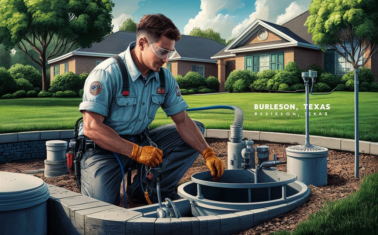 An illustration depicting two workers in blue overalls cleaning and maintaining a large septic tank system, using specialized equipment and tools in a well-landscaped outdoor setting.