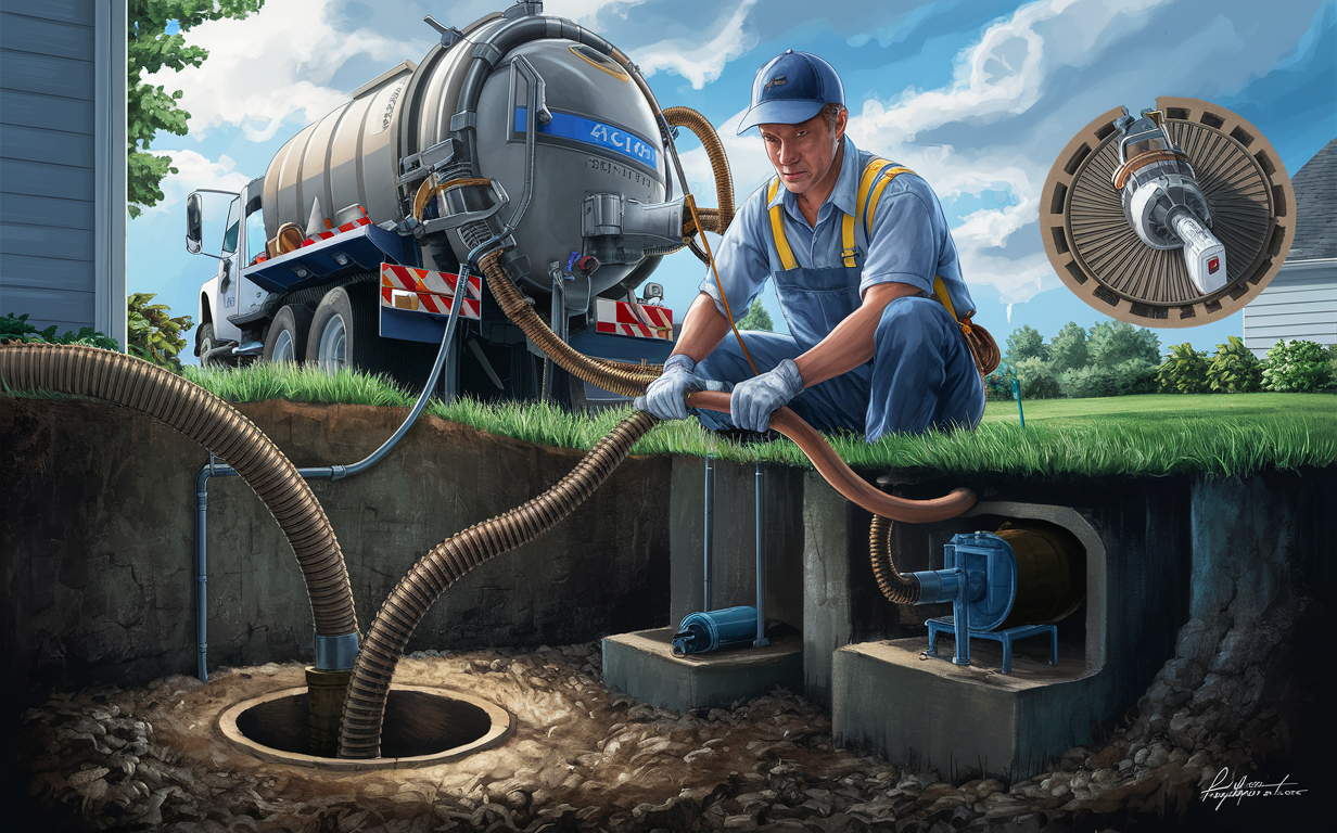 A septic tank service worker operating a vacuum truck to clean out a residential septic tank system