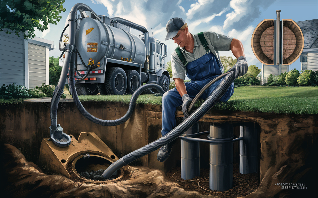 A worker from a septic tank cleaning company vacuuming out the waste from underground septic tanks in a residential area