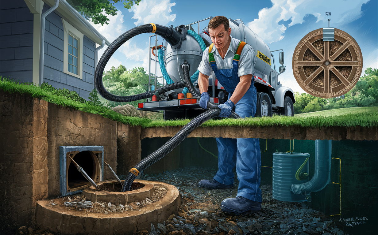 A professional septic tank cleaning service worker operating a vacuum truck to remove waste from an underground septic tank system in the backyard of a residential house.