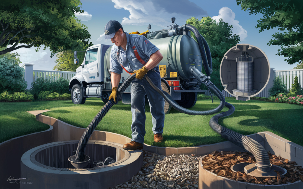 A skilled worker in uniform is operating a powerful vacuum truck to clean out a residential septic tank system, ensuring proper waste management and environmental protection.