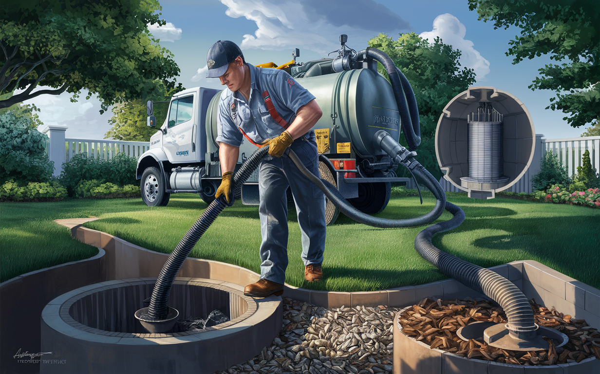 An illustration of a service technician in uniform operating equipment to clean a residential septic tank system, with a vacuum truck parked nearby and a jet engine component displayed for scale.