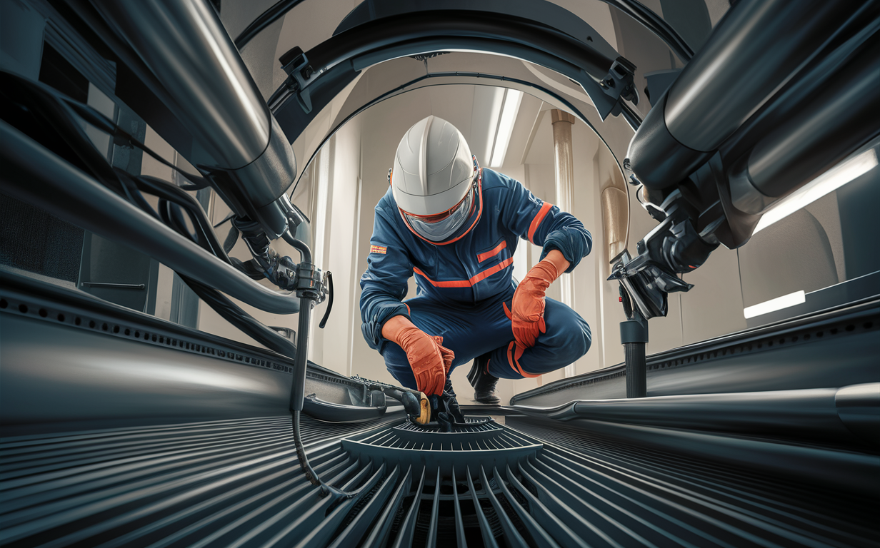 A technician in uniform working on advanced septic and grease trap equipment in an industrial setting