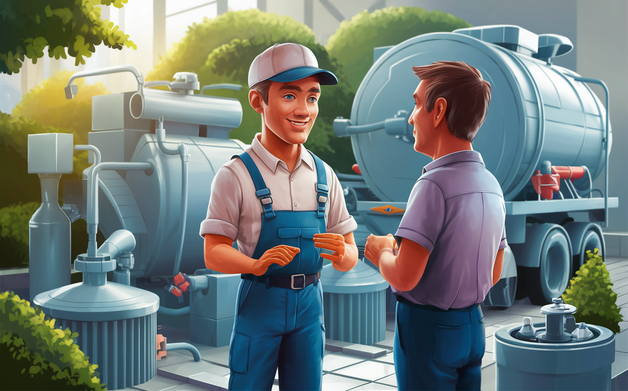 An illustration depicting a septic and grease trap service company offering competitive pricing, featuring a delivery truck, service logo, and a smiling service technician.