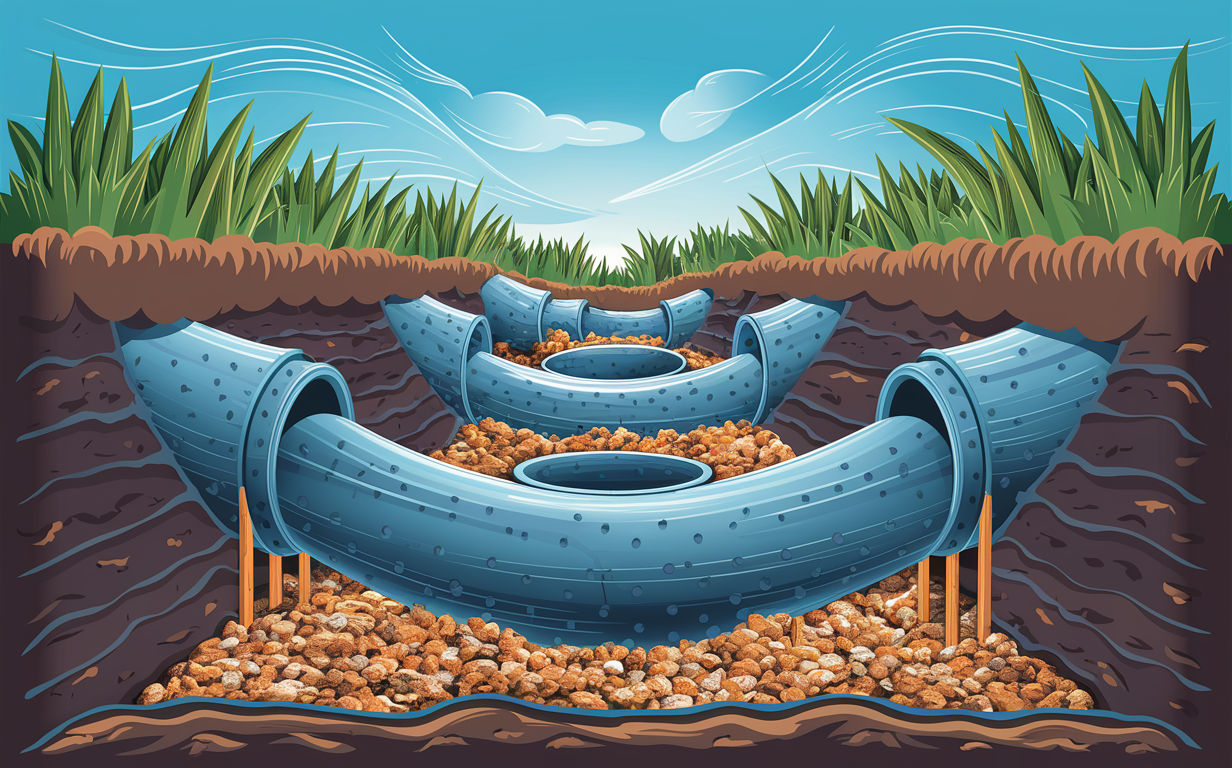 An illustration of an underground drainage pipe system with blue pipes laid on a gravel bed, surrounded by soil and grass above, with a cloudy blue sky in the background.