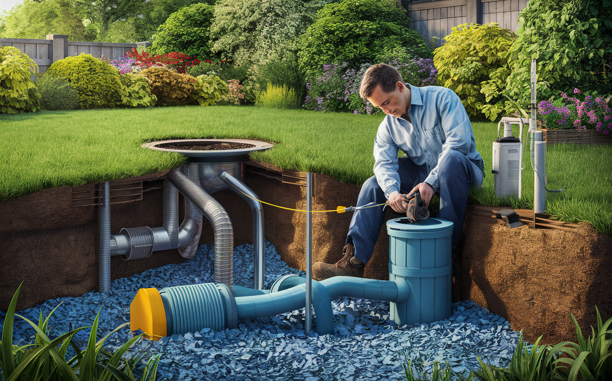 A technician in uniform crouching to inspect and maintain the septic tank and drainage pipes in a residential backyard with lush landscaping