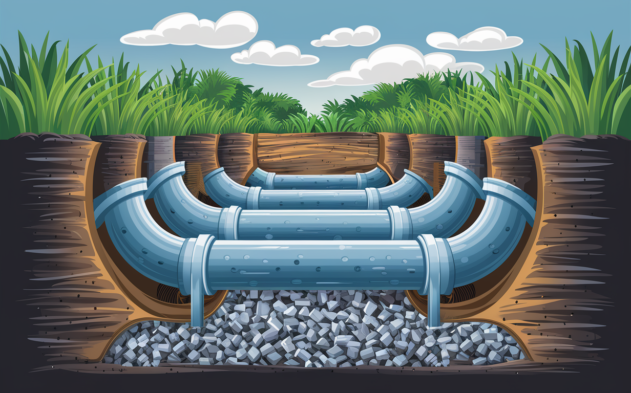 An illustration depicting a cross-section view of a residential drain field and septic system, with pipes, gravel, and grass on the surface.