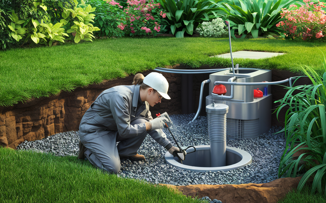 A man in a backyard garden performing maintenance on an underground drain field system with pipes and a septic tank access port visible