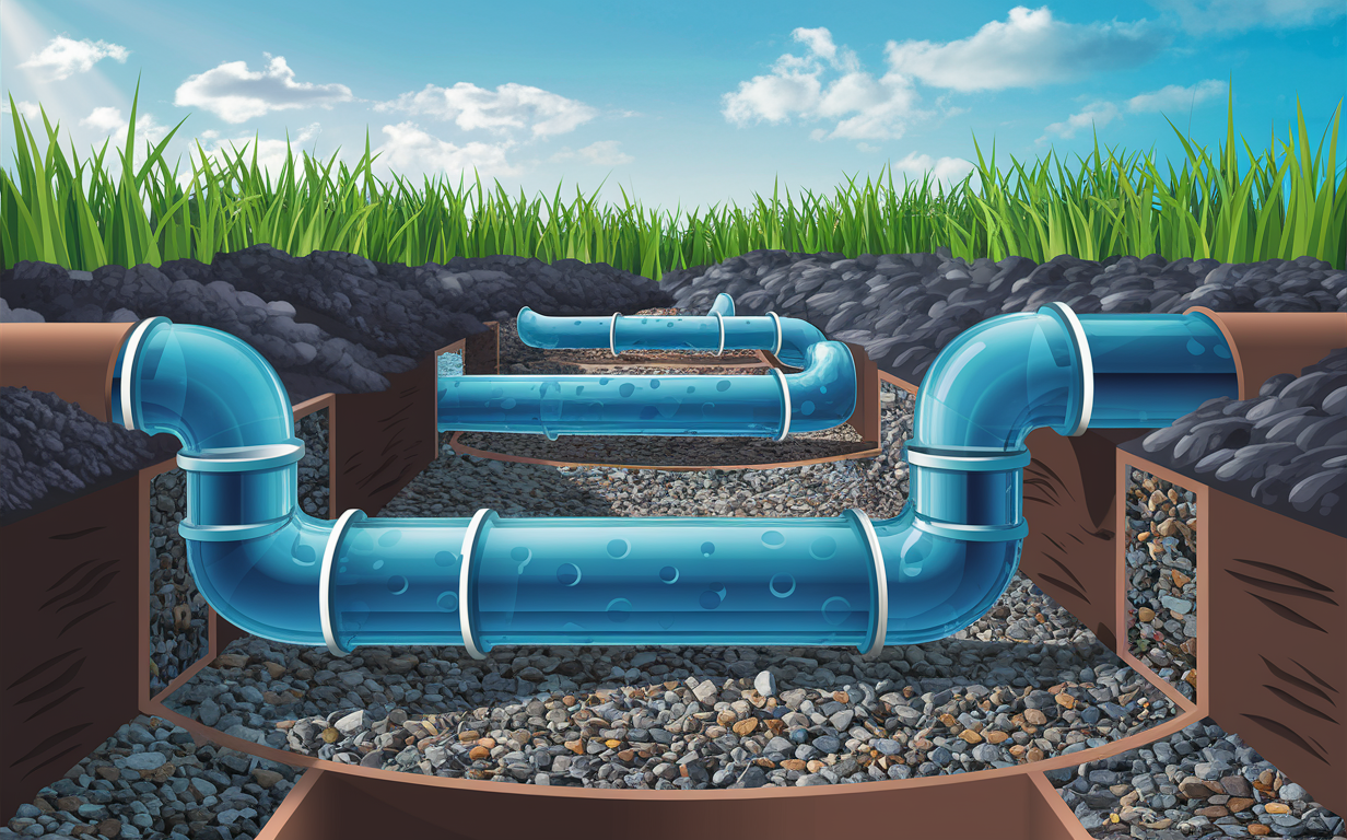 An illustration of an underground drainage pipe system with blue plastic pipes, gravel surrounding the pipes, and a layer of soil above with green grass and a cloudy blue sky in the background.