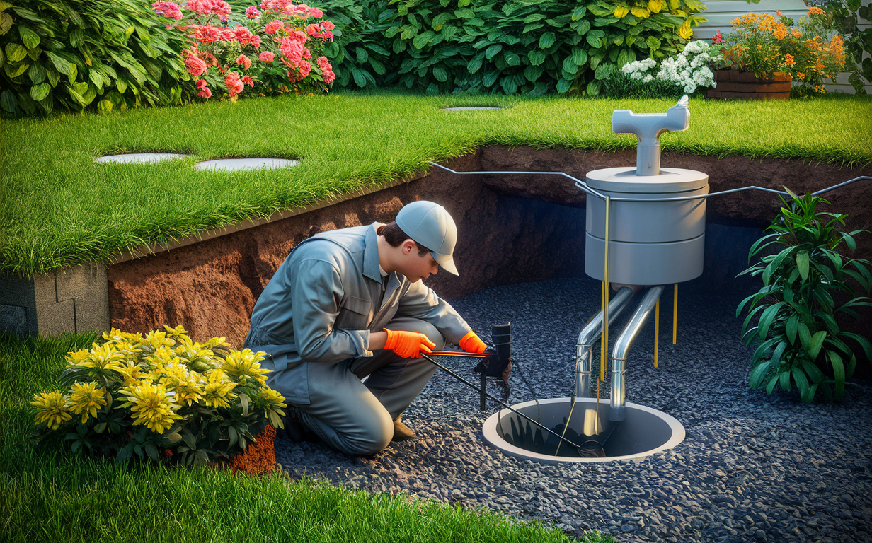 An illustration depicting septic style drain field cleaning and maintenance, featuring a worker with tools next to a cross-section view of a drain field system with pipes and gravel beds surrounded by plants.