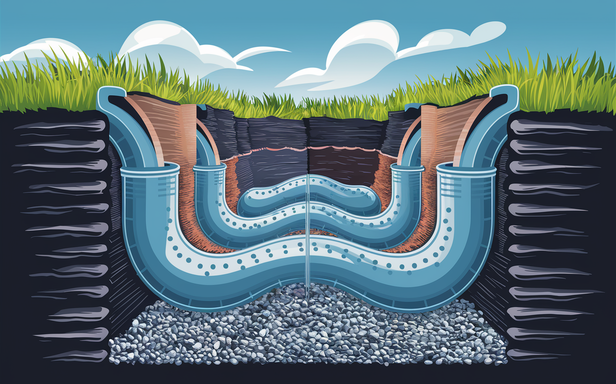 An illustration depicting a cross-section view of a drain field system. It shows green foliage on the surface, with wooden borders containing underground pipes surrounded by gravel for water dispersion and filtration.