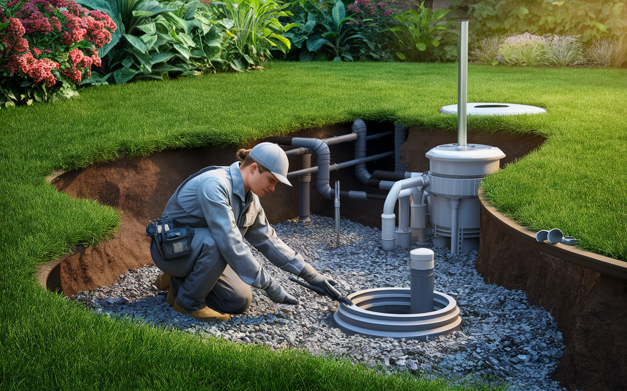 A technician in a gray uniform is crouched down and working on a drain field system surrounded by a beautifully landscaped garden with vibrant flowers, shrubs, and a well-manicured lawn.