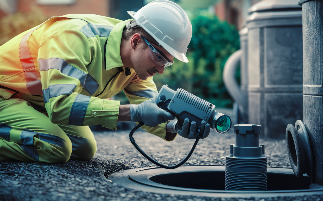 A worker wearing protective gear inspecting a septic system component with specialized equipment