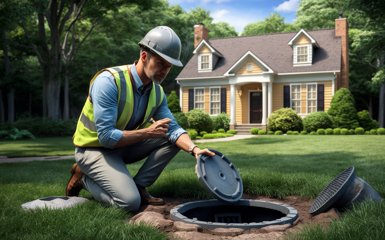 A professional inspector examines a residential septic system before a home purchase, ensuring proper functionality and compliance.