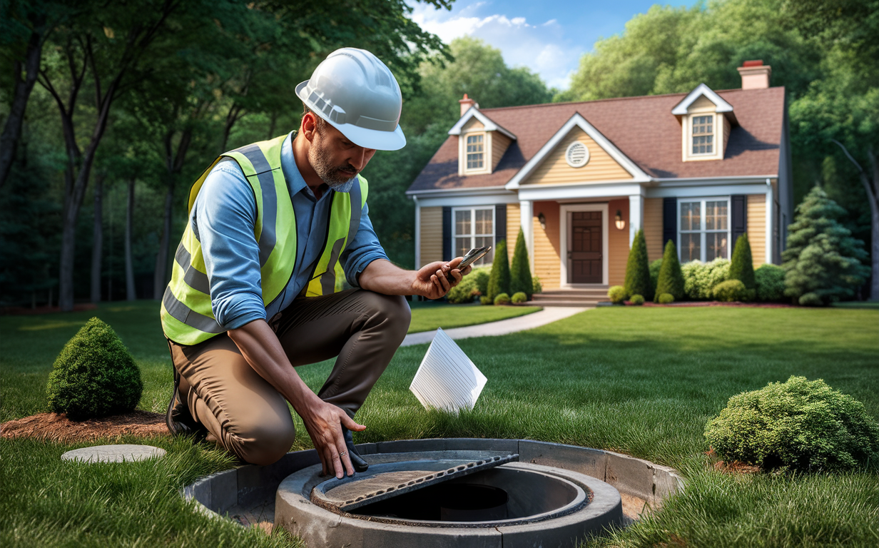 An experienced professional carefully inspecting a residential septic system, ensuring its proper functionality for potential home buyers before purchase.