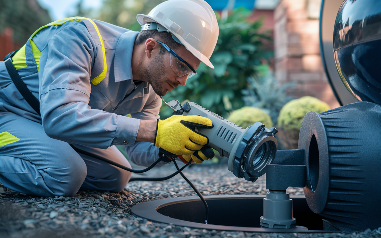 A plumber wearing a hard hat and reflective safety gear is inspecting a septic tank with a power tool, likely as part of a pre-purchase home inspection.