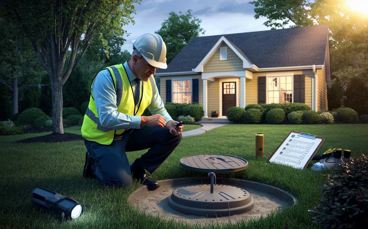 A professional home inspector wearing safety gear examines a septic tank cover while reviewing documents in front of a residential property, ensuring the septic system is functioning properly before the home purchase.