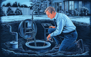 An elderly man carefully inspecting the septic tank in his backyard, ensuring proper functionality before selling his home.