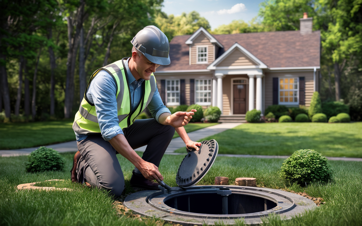 A home inspector wearing a hard hat and safety vest examines the septic tank cover in the front yard of a residential property, ensuring its proper functioning before the purchase.