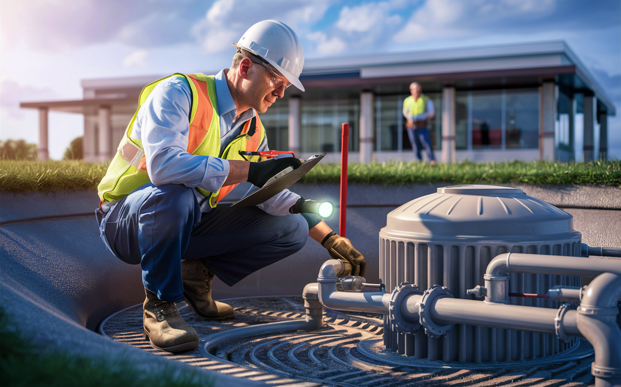 A construction worker in safety gear inspecting a commercial septic system on site