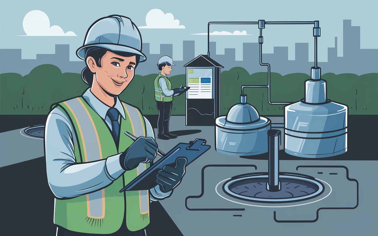 An illustration showing a professional inspector examining a commercial septic system with septic tank, drainage field, and additional components.