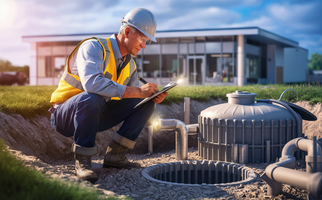 A construction worker wearing a hard hat and safety vest is inspecting a septic system on a commercial construction site, reviewing documents while sitting next to an open septic tank.