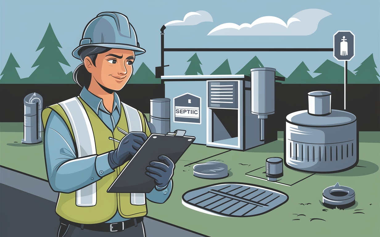 An illustration of a septic system inspector examining components of a commercial septic system, showcasing the various services offered for maintaining and inspecting septic tanks and related infrastructure.