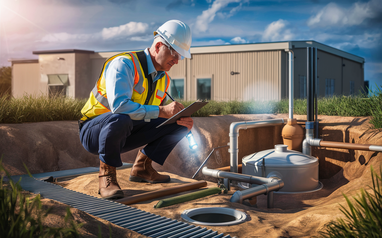 A technician in safety gear inspecting a commercial septic system while taking notes on a tablet