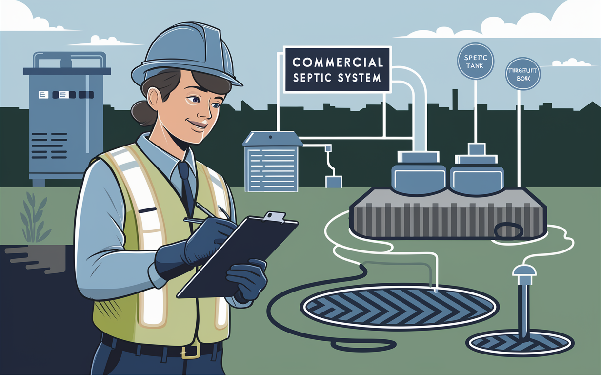 An illustration of a technician in a hard hat and safety vest inspecting a septic system with various components such as tanks, pipes, and manholes in a forested setting.