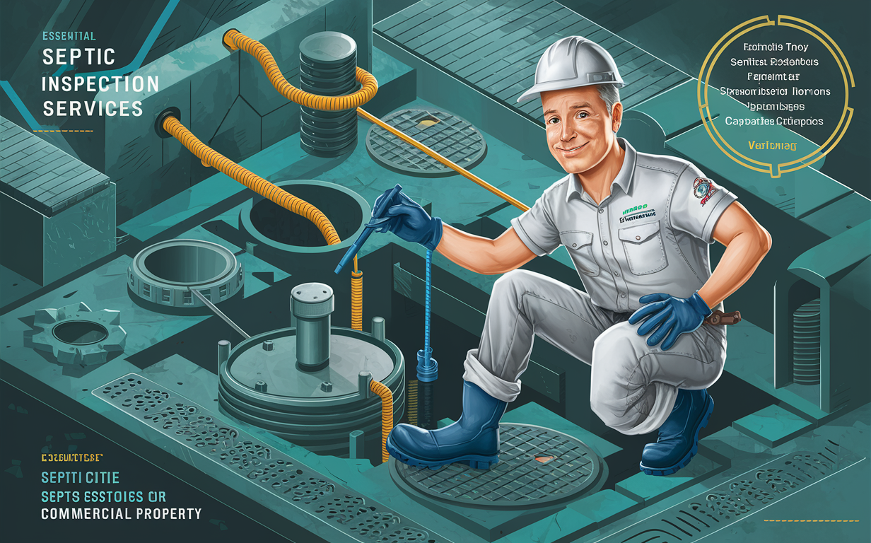 Illustration of workers inspecting and maintaining a commercial septic system with monitoring equipment in an urban setting.