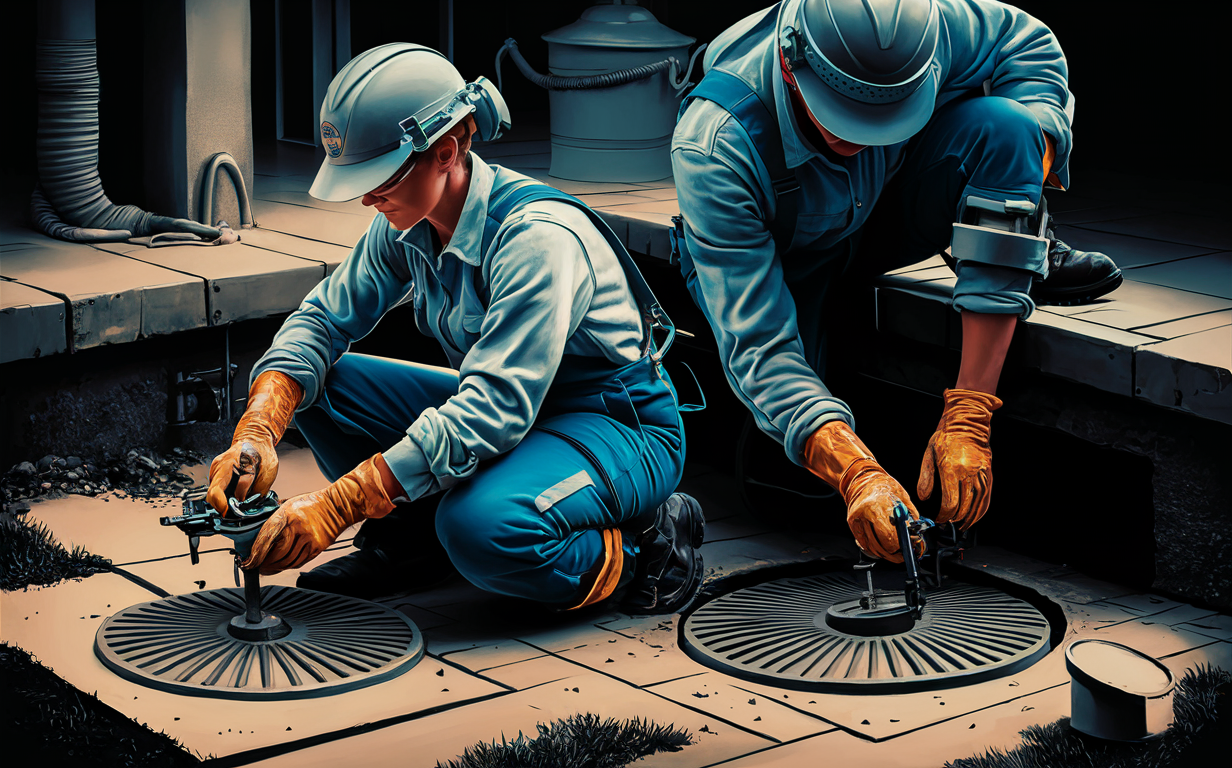 Two workers in protective gear servicing grease traps or septic systems with specialized tools