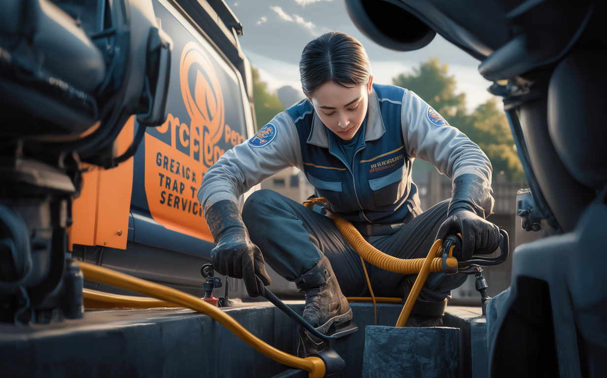 A worker wearing a uniform with the company's logo, servicing the grease trap on a commercial truck