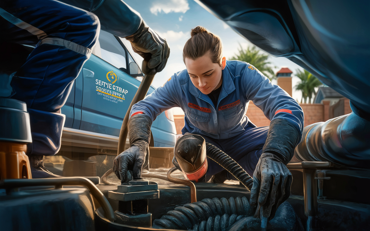 A woman wearing a uniform with the logo of a septic and grease trap service company is leaning into a vehicle, handling equipment used for septic and grease trap maintenance services.