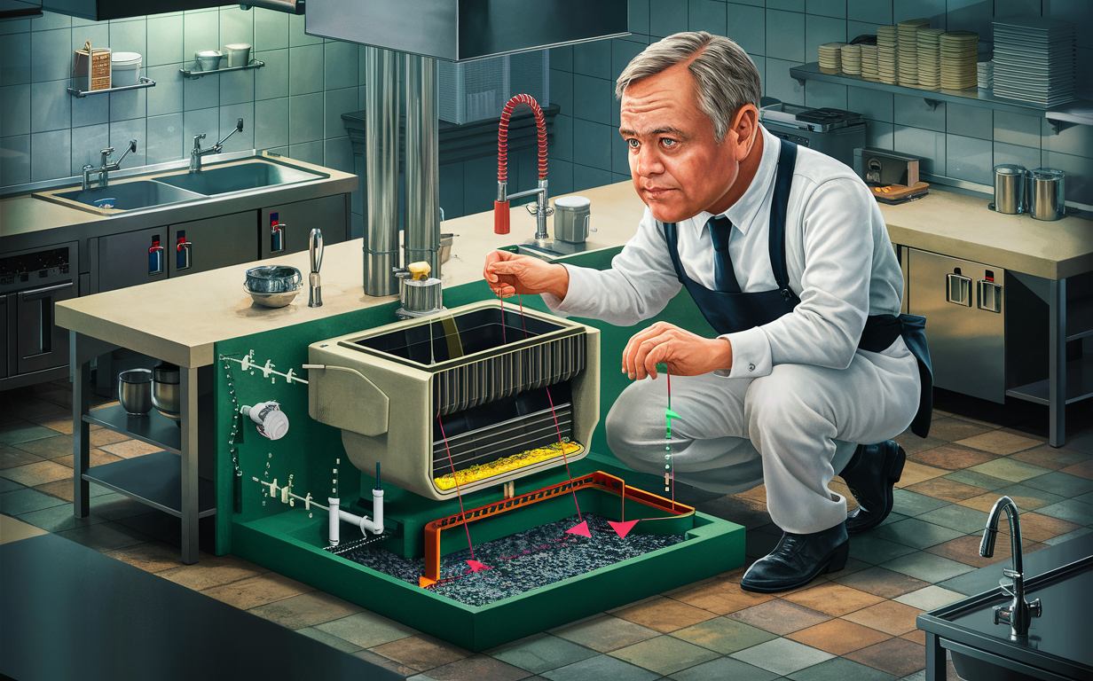 An illustration depicting a professional in a lab coat maintaining and inspecting a grease trap in a commercial kitchen setting, surrounded by diagrams and information about grease trap regulations and compliance procedures.