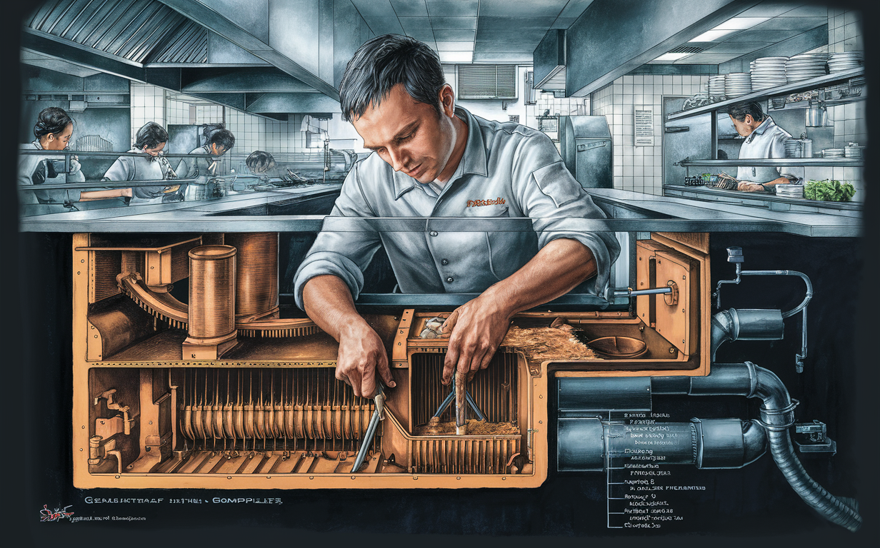 A chef in a white uniform and hat is working in a commercial kitchen, stirring a pot near a stainless steel sink and counter area with a visible grease trap system underneath, illustrating the importance of proper grease trap regulations and compliance in food service operations.